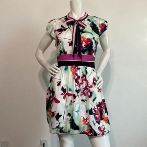 RACHEL Rachel Roy Multicolor Floral Bubble Hem Pocket Tie Front Mini Dress Sz 8